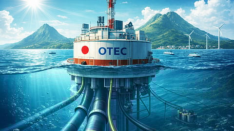 OTEC power plant using warm surface water and cold deep seawater to generate renewable energy