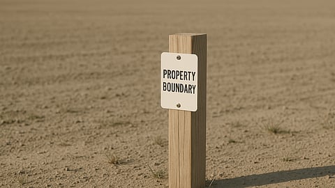 A wooden post marking a property boundary in an open, undeveloped landscape