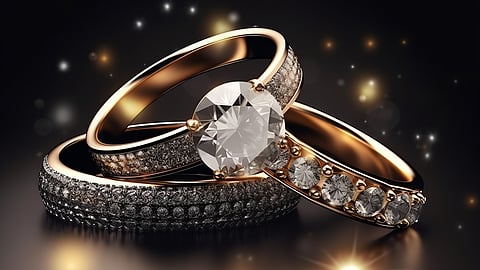 Close-up of gold and diamond rings displayed against a dark background