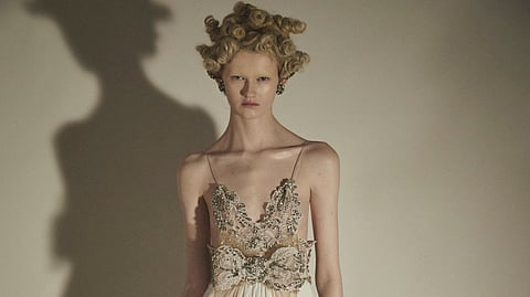 Model wears an ivory couture gown in Francesco Scognamiglio’s The Resurrection 2026