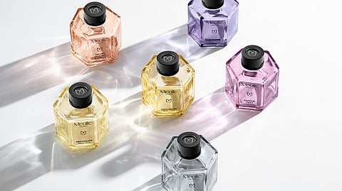 Meolle Premium reed diffusers in six fragrances displayed in pastel-toned hexagonal glass bottles