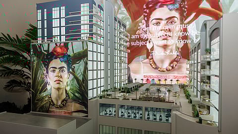 Scale model of Frida Kahlo Wynwood Residences with projected artwork and rooftop pool deck