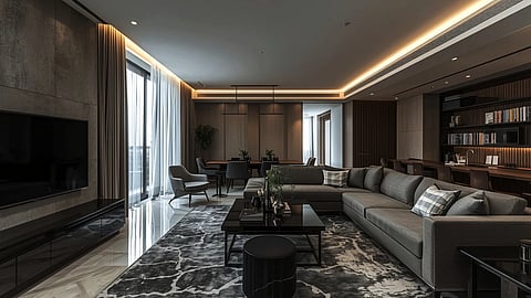 Modern Hollywood living room with sculptural modular sofa and marble floors