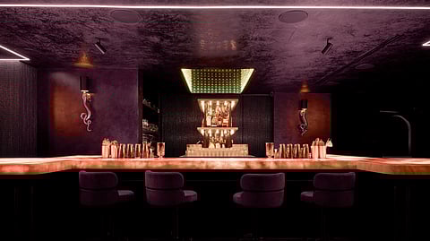 Backlit stone bar and velvet stools at The Eighth in Chelsea, New York