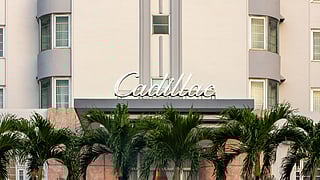 Cadillac Hotel & Beach Club exterior sign lined by palm trees
