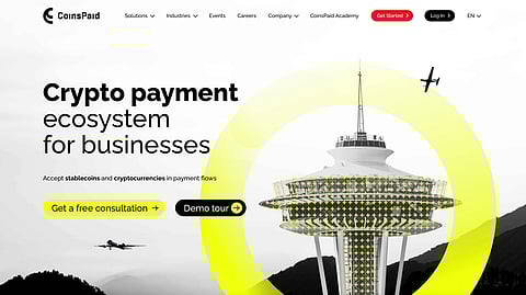 CoinsPaid homepage promoting crypto payment ecosystem for businesses