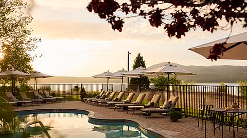 Lakeside pool at Hotel Marina Riviera overlooking Big Bear Lake at sunset
