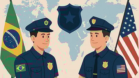 Illustration of Brazilian and U.S. officers shaking hands before their national flags