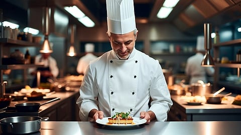 Chef in white uniform presenting a plated gourmet dish in a restaurant kitchen