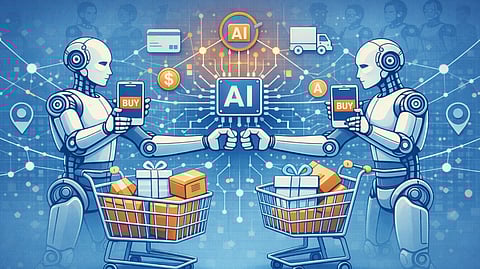 Illustration of AI robots using conducting bot to bot ecommerce transactions