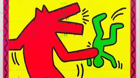 Keith Haring artwork showing a red figure interacting with smaller green figures