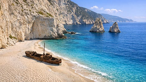 Aerial view of Navagio Beach in Zakynthos with a rusted shipwreck beside Ionian Sea waters