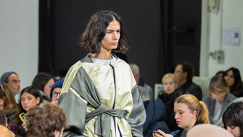 Model walks the runway at the Casa Preti Pietà showing at Milan Fashion Week