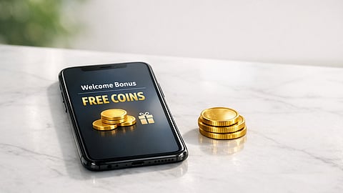 Smartphone displaying free coins bonus with gold tokens on table