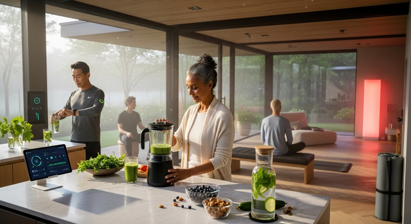 Woman preparing a green smoothie in a smart kitchen while others exercise and meditate