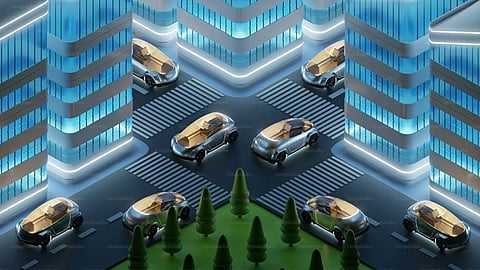 Futuristic city street with autonomous vehicles and modern urban technology concept