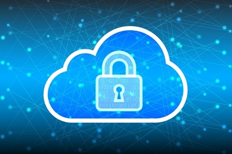 Cloud icon with lock symbol representing secure cloud storage and cybersecurity protection