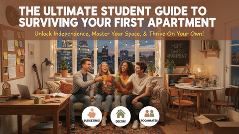 Friends relaxing in a cozy first apartment living room with décor and essentials set up