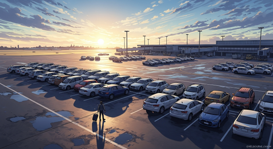 Airport parking lot filled with rows of cars at sunset with terminal in background