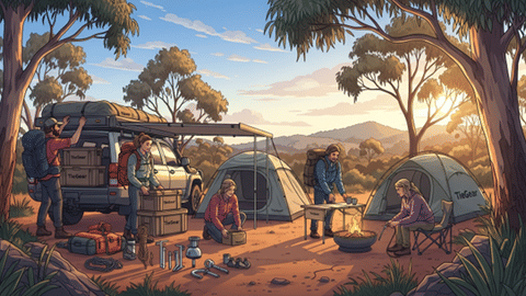 Campers gathered around tents and gear with vehicle in outdoor setting