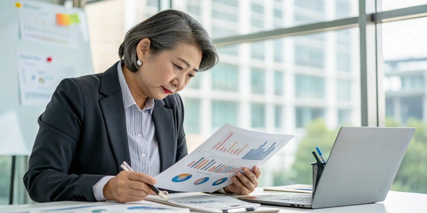 Professional analyzing charts and documents at a desk with laptop in office setting