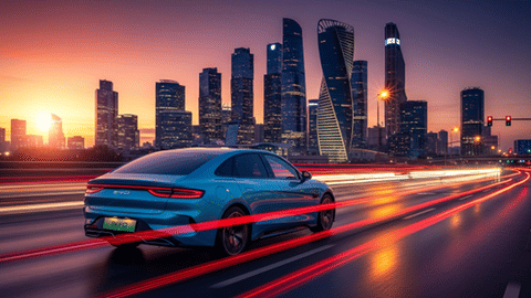 Electric car driving on city highway at sunset with skyline in background