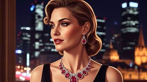 Woman wearing ruby necklace and earrings with city skyline at night