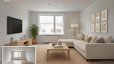 Living room staged with neutral sofa, wood accents, and decor to define layout