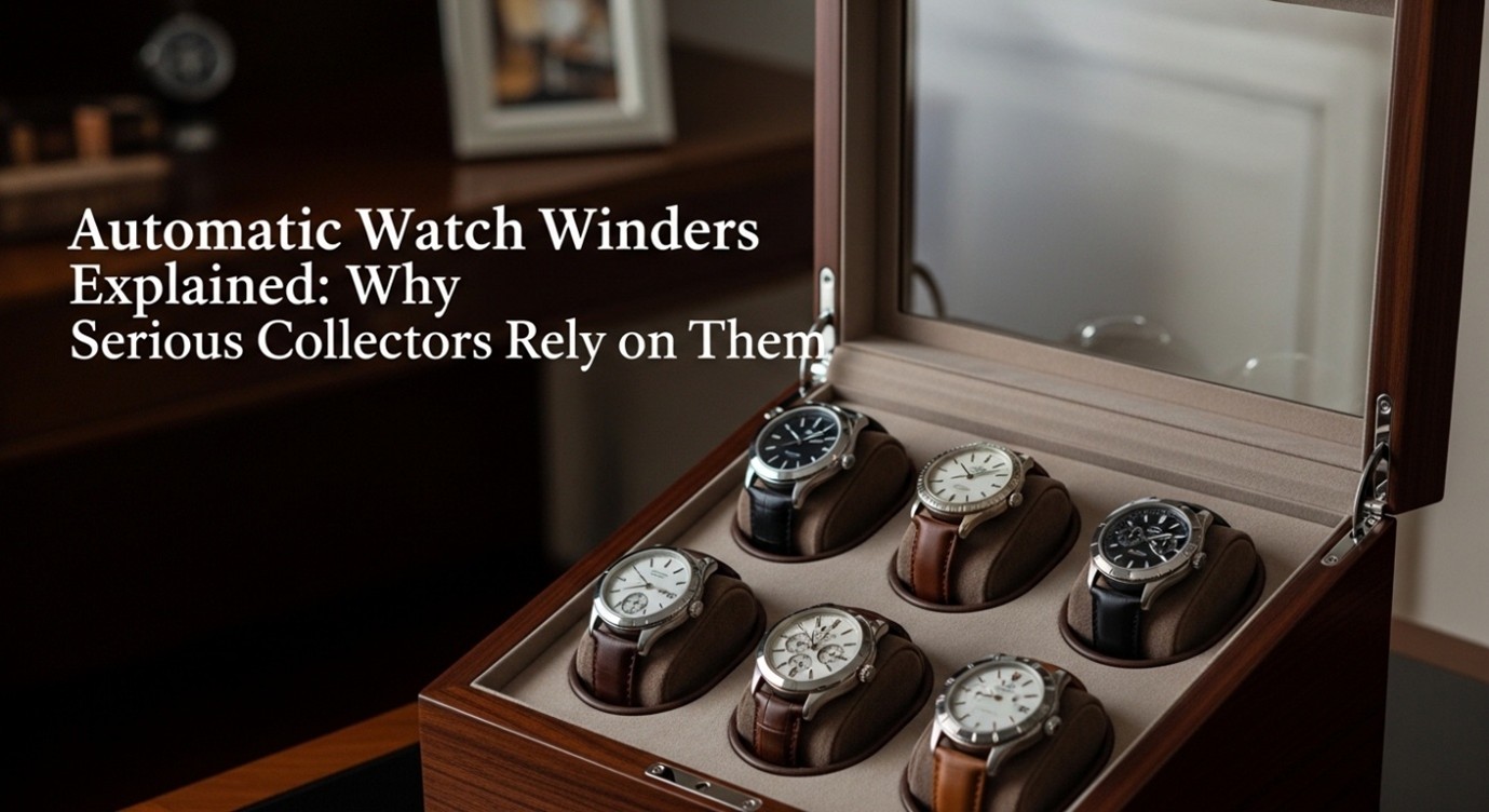 Luxury watch winder box displaying multiple automatic watches inside