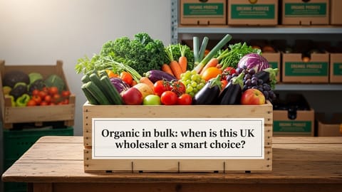 Organic fruits and vegetables displayed in a crate with wholesale packaging in background