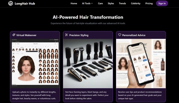 Website interface showing AI hair transformation tools with virtual makeover and styling options