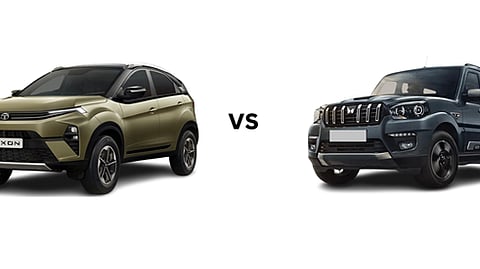 Tata Nexon and Mahindra Scorpio Classic shown side by side on a white background