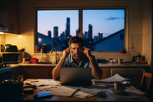 Man sitting at kitchen table working on laptop with papers at night looking stressed