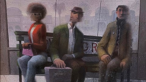 Blurred figures seated on a bench in an atmospheric oil painting