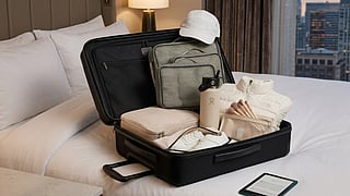 Open carry-on suitcase with packing cubes and travel essentials on a hotel bed.
