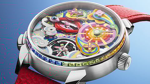 Colorful automata dial watch with red strap and moving enamel elements