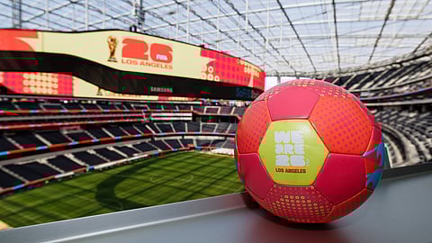 SoFi Stadium interior with FIFA World Cup 2026 Los Angeles branding displayed on screens