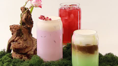 Three colorful iced drinks with floral garnishes on moss display
