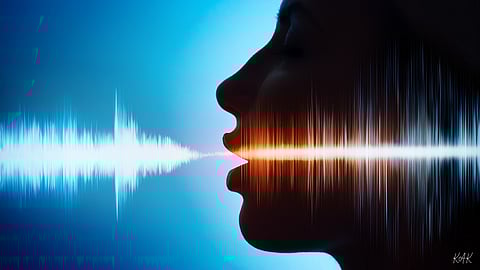 A person speaking with a visual audio waveform emanating from their mouth