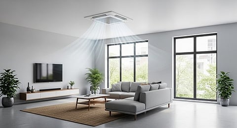 A contemporary L-shaped sectional sofa set arranged in a brightly lit modern living room