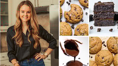 Addison LaBonte posing with cookies alongside images of chocolate desserts and baked goods