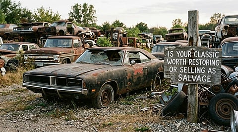 Heavily rusted, abandoned 1969 Dodge Charger in a scrapyard