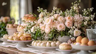 Spring flowers and pastries at a Dallas Mother’s Day brunch table