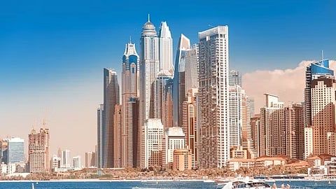 A moment in time featuring the Dubai skyline from the Persian Gulf