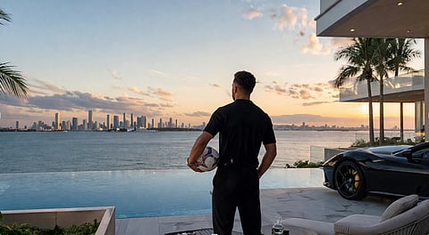 A person holding a soccer ball overlooking the city skyline at sunset