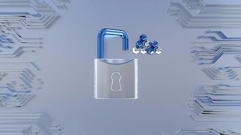 A 3D digital illustration symbolizing cybersecurity and data encryption