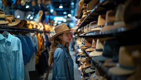 A woman browsing through a selection of hats in a Western wear clothing boutique