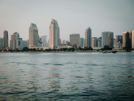 A panoramic view of the San Diego skyline across the bay