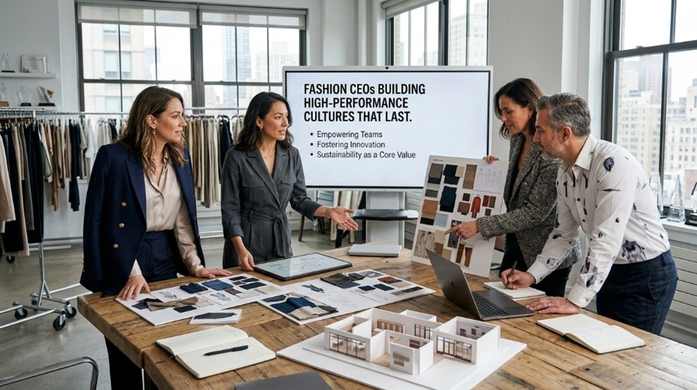 A presentation screen with text focused on leadership strategies within the fashion industry