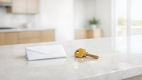 House key and envelope on a kitchen counter in a bright modern home